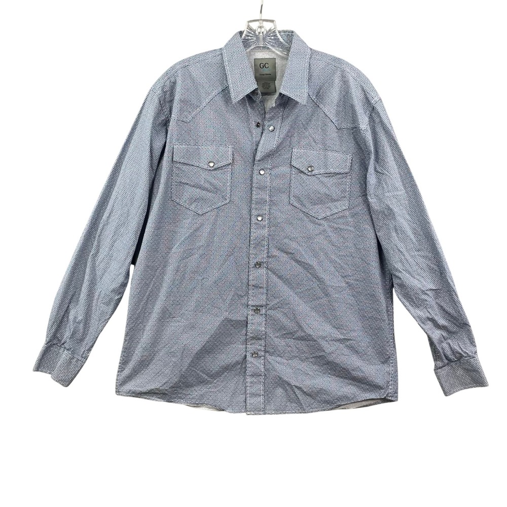 GC Blue Western Snap Shirt Mens Large Geometric Pearl Snap Vintage‎ Collection